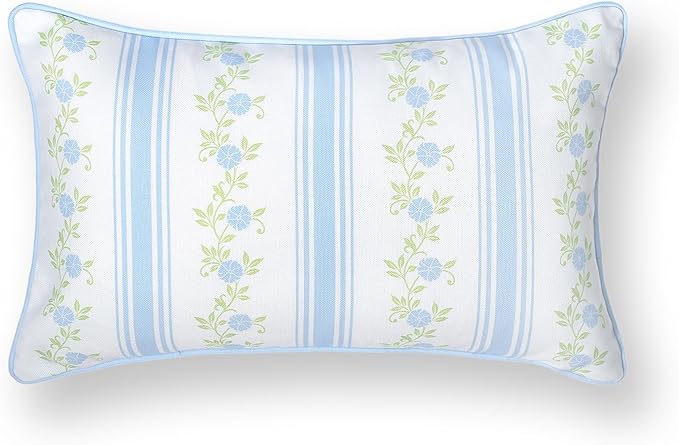 Hofdeco Premium Coastal Patio Indoor Outdoor Lumbar Pillow Cover Only, 12"x20" Water Repellent for Backyard, Couch, Baby Blue Print Stripe Floral