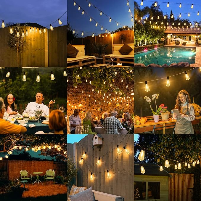 Brightever Outdoor String Lights 200FT Waterproof, Patio String Lights for Outside with 100+4 ST38 Shatterproof LED Filament Bulbs, Dimmable Hanging Lights for Christmas, Party, Cafe (2-Pack 100FT)