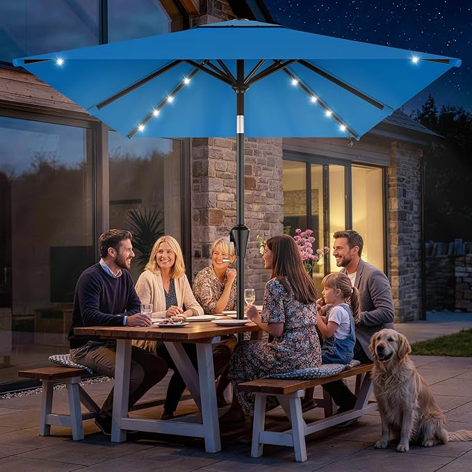 AreShark 6.5' x 10' Rectangular Patio Umbrella with Solar Lights, Solar Powered Lighted Market Umbrella w/Tilt and Crank, Outdoor Table Umbrella for Garden, Deck, Backyard, Pool and Beach, Royal Blue