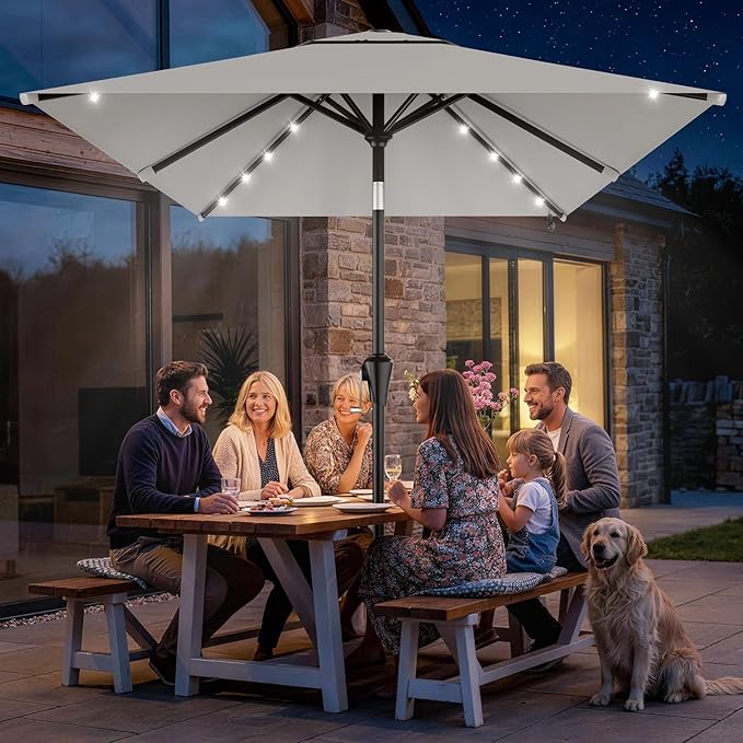 AreShark 6.5' x 10' Rectangular Patio Umbrella with Solar Lights, Solar Powered Lighted Market Umbrella w/Tilt and Crank, Outdoor Table Umbrella for Garden, Deck, Backyard, Pool and Beach, Light Gray