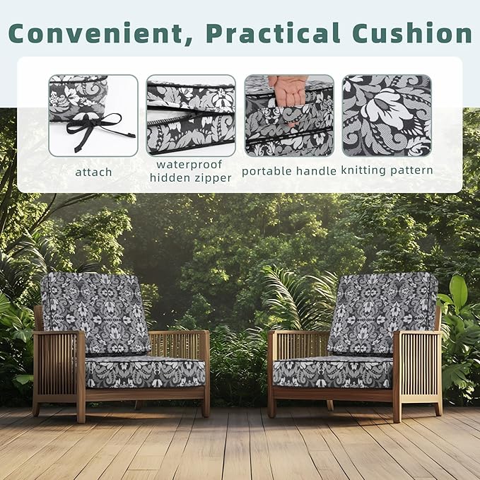 Favoyard Deep Seat Patio Cushion 22 x 22 x 3 in Waterproof Seat & Back Cushion Set with Color Fade Resisitant Pattern, Portable Handle, Attach Straps, Zipper on Removable Cover for Outdoor Furniture