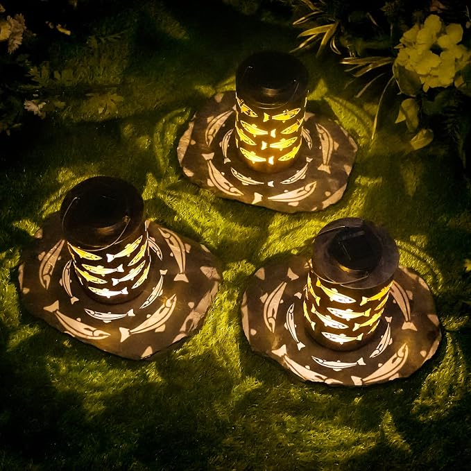 HONGLAND Solar Lanterns Outdoor Father Day Birthday Gifts for Women, Waterproof Hollowed-Out Fish Design with Warm White LED, Auto On/Off Solar Hanging Lights for Garden, Patio, Porch Decor