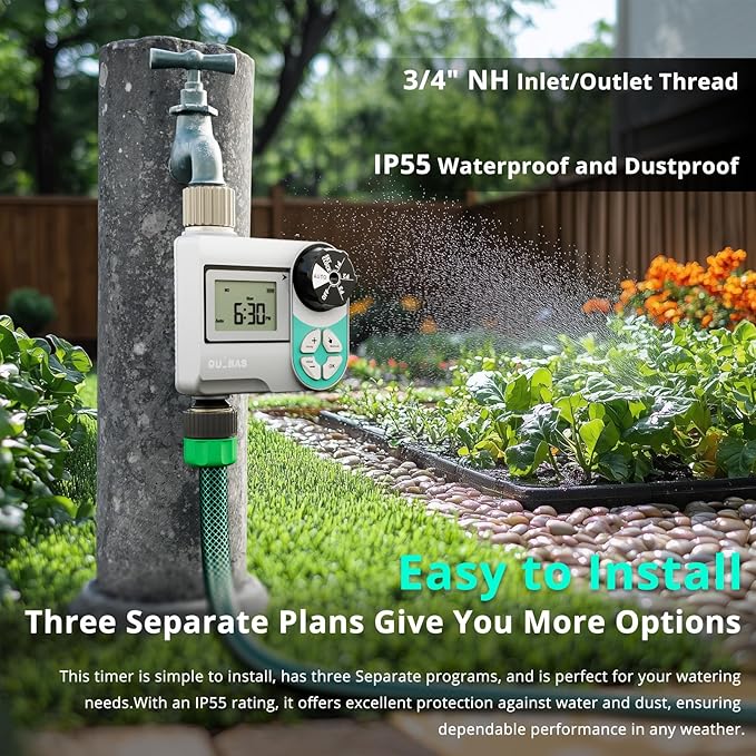 QUOBAS Weekly Plan Sprinkler Timer with Metal Inlet & Outlet, Water Timer for Garden Hose with Rain Delay/Manual Watering/Automatic Watering Controller System for Watering Lawn, Yard, Garden