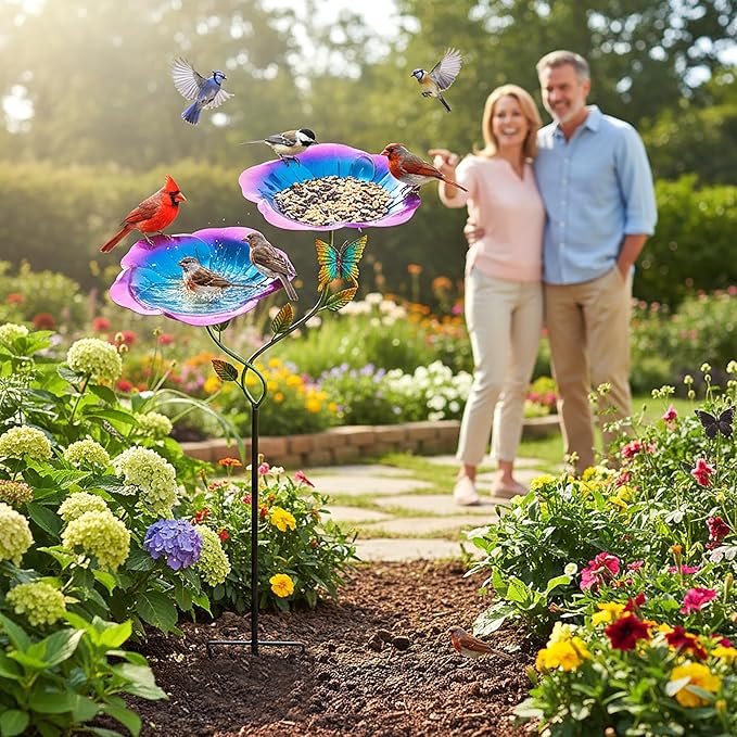 37.4 Inch Floral Metal Bird Bath for Outside - Standing Bird Feeder with Dual Flower Bowls Detachable Birdbath with Butterfly Decor Metal Stake Base for Garden Yard Outdoor (Blue)