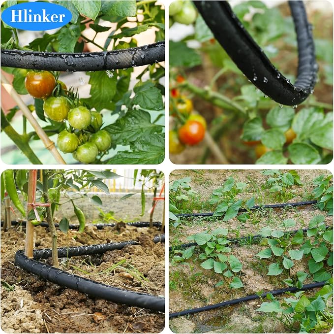 Hlinker Flat Soaker Hose 25 50 FT for Garden Beds, 50Ft (25FT X 2) 1/2" Linkable Consistent Drip Irrigation Hose Save 80% Water, Leakproof Heavy Duty Double Layer Sprinkler Hose