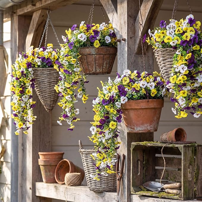 Giegxin 12 Pcs Artificial Hanging Pansy Flowers, 30 Inch Faux Pansies UV Resistant Plastic Hanging Plants for Outdoor Spring Summer Decor, for Porch Patio Garden Window Home (Yellow,White,Purple)
