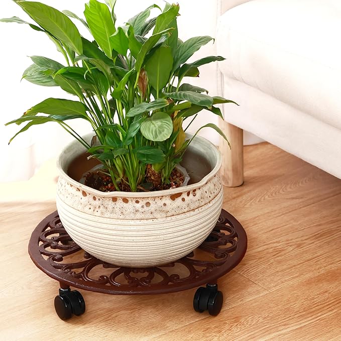 3 Packs 14 Inch Rolling Plant Stand with Wheels Metal Plant Caddy with Wheels Heavy Duty Round Plant Stand Indoor Iron Plants Rollers for Plants, Plant Dolly Brown