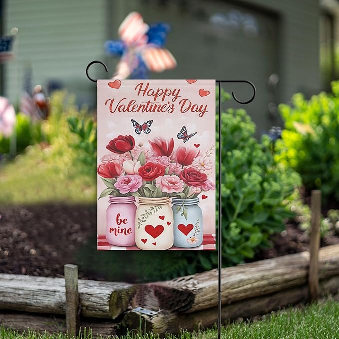Happy Valentine’s Day Flowers Pink House Flag 28x40 Inch Double Sided Outside Love Tulip Rose Spring Butterfly Seasonal Yard Outdoor Flag Banner for Garden Lawn Patio Holiday Decorations
