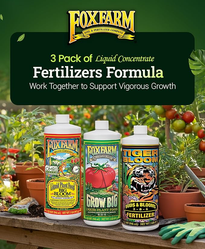 FoxFarm Soil Liquid Trio Pack - Big Bloom, Grow Big, Tiger Bloom Fertilizers Supports Vigorous Plant Growth, Bud Development & Abundant Fruit - Complete Liquid Plant Food Set - 3 Quart Bottles