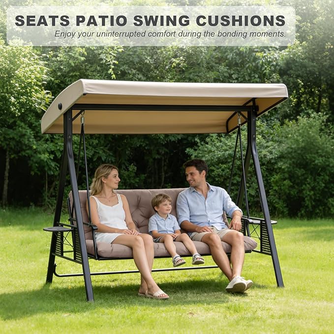 Porch Swing Cushions,Outdoor Cushions 3 Seater Replacement with Backrest, Waterproof Thickened Bench Cushion with Ties for Porch, Patio,Outdoor, Backyard and Garden (Khaki 47 * 40 in)