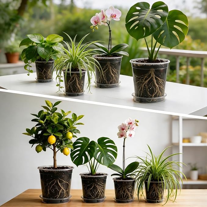 BTPLASTIK 1/2/3/5 Gallon Clear Nursery Pots with Saucers 4 Size Set 12P, Round Plastic Plant Pots with Drainage Holes