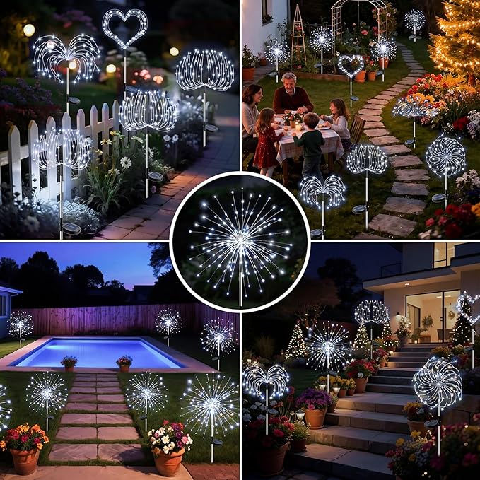 btfarm 2 Pack 120 LED Solar Garden Lights Outdoor, 8 Modes Firework Lights Solar Powered, Waterproof Twinkle Fairy Light Outside for Yard Patio Pathway Pool Christmas Party Decorative, Cool White