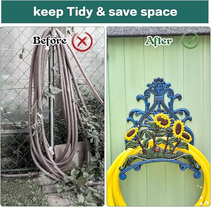 Sungmor Cast Iron Heavy Duty Garden Hose Holder - Decorative Hand-Painted Sunflower Wall Mounted Water Hose Hanger - Wall Decoration Hanging Hose Rack - Hose Reel Storage Butler - Metal Hose Stand