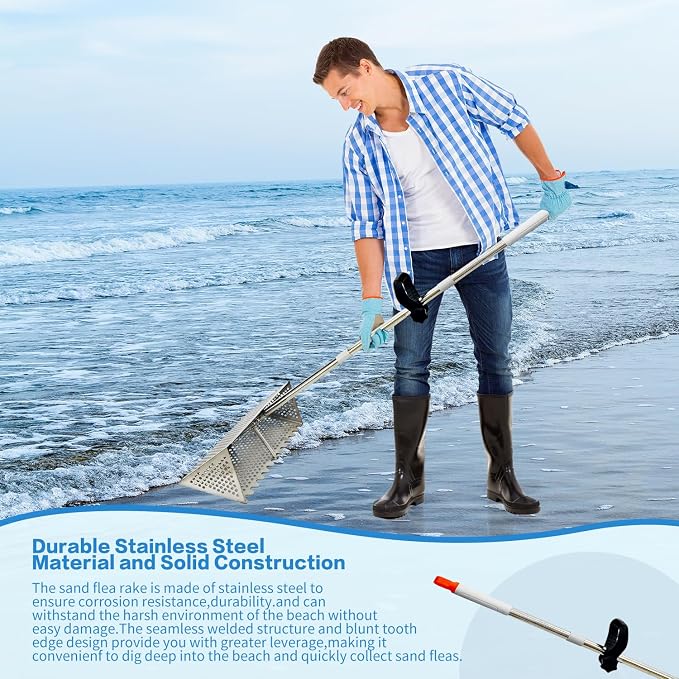 Sand Flea Rake, Detachable Long Handle Sand Sifter for The Beach, The Shark Tooth Screen Comes with a 16in Wide Drain Screen