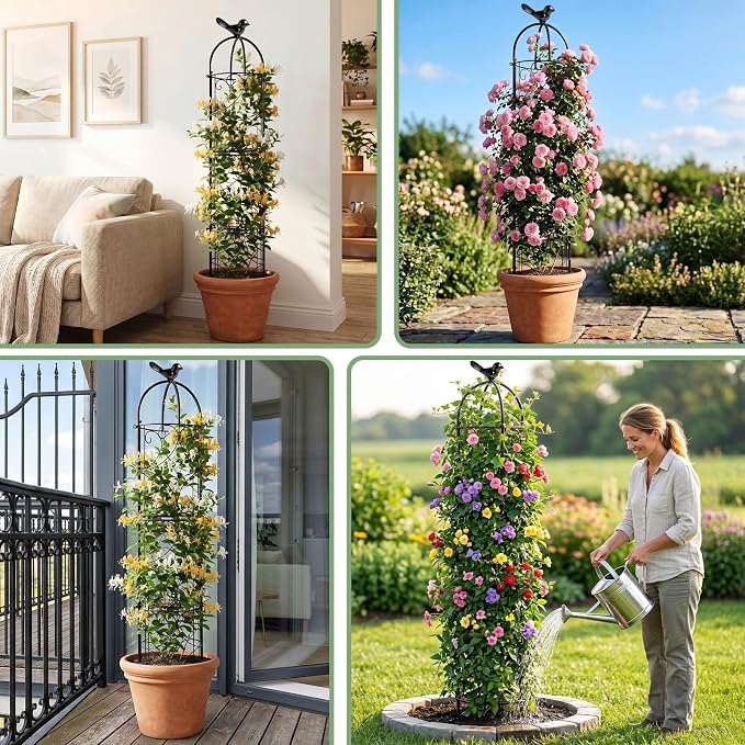 100% Metal 6.1 Ft Garden Obelisk Trellis for Climbing Plants, Rustproof Coated Floral Scrollwork Plant Support with Bird Finial, for Tomato, Rose, Grape, Cucumber, Vines, Indoor/Outdoor Black