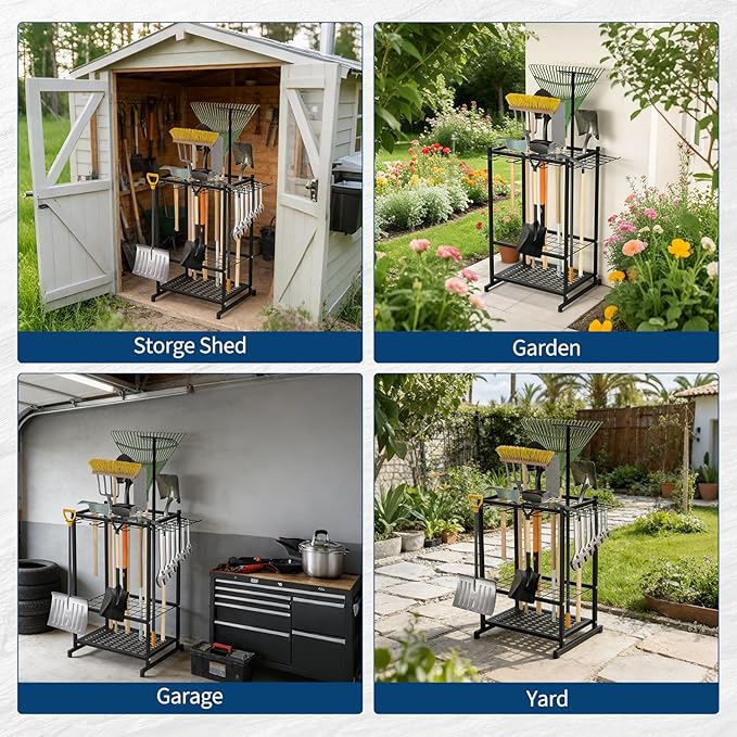 Garden Tool Organizer,3 Tier Yard Storage Rack With 3 Shelves,Heavy Duty Holder With 35 Long-Handled Slots& Hooks for Yard Shed and Lawn