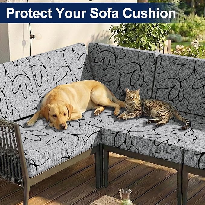 Smiry Waterproof Patio Cushion Covers, Stretch Outdoor Couch Slipcovers Replacement Washable Furniture Protector Sofa Chair Seat Cover for Dogs and Pets (8 Pcs, Grey and Black)