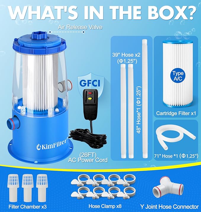 KimFilter Transparent 1000 GPH Above Ground Pool Filter Pump – Easy Cartridge Status Viewing | Powerful Pool Cartridge Filter Pump System | Enhanced Circulation & Filtration for Crystal-Clear Water