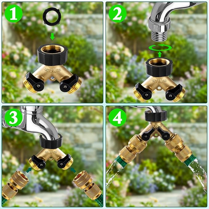 Dalmbox Garden Hose Splitter 2 Way, Y Connector Brass Garden Hose Adapter, Water Hose Splitter, Double Shut Off Valve, Includes 5 Rubber Washers & Teflon Tape(2 pack)