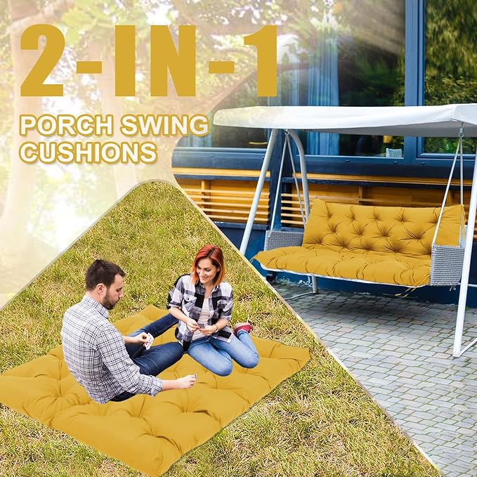 Premium 5"Thick Waterproof Outdoor Swing Cushions Sturdy Durable 2-3 Seat Replacement Porch Swing Cushions with Backrest&Ties Bench Cushion for Outdoor Furniture Backyard Patio(Yellow48x40in)