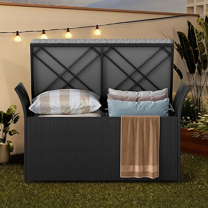 DWVO 90 Gallon Outdoor Storage Bench,Rattan Deck Box with Cushion, Outside Bench for Patio Storage,Yard,Pool,Garden,Black&Grey