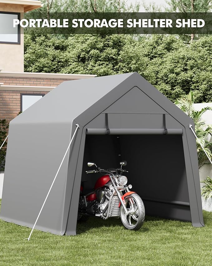 6'x6' Portable Storage Shed for Motorcycle, Waterproof & UV-Resistant Outdoor Carport Shelter with 2 Roll-Up Zipper Doors, Heavy Duty Storage Tent for Bike, Lawn Mower, Garden Equipment
