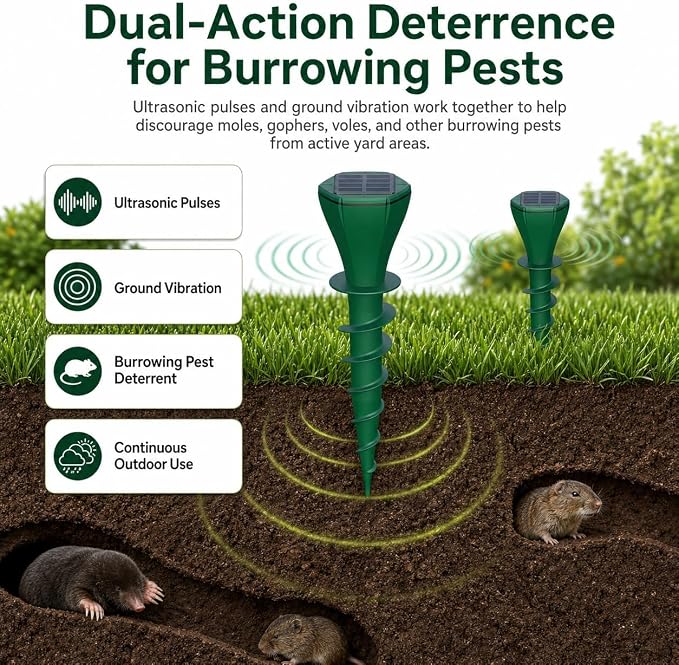 Solar Powered Mole Repellent Stakes, Ultrasonic & Vibration Deterrent for Moles, Gophers & Voles, IP65 Waterproof Outdoor Pest Repeller for Yard, Lawn & Garden, 4 Pack