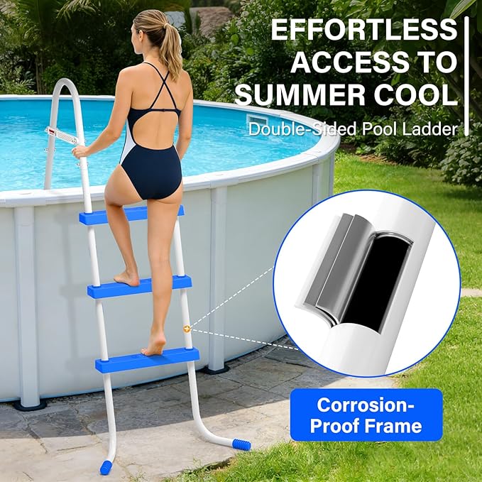 Heavy Duty Steel Frame Swimming Pool Ladder for Above Ground Pools, 3-Step Double-Sided Pool Stairs for 36" Height Pools, 450lbs Capacity with Anti-Slip Rubber Feet & Wide Steps