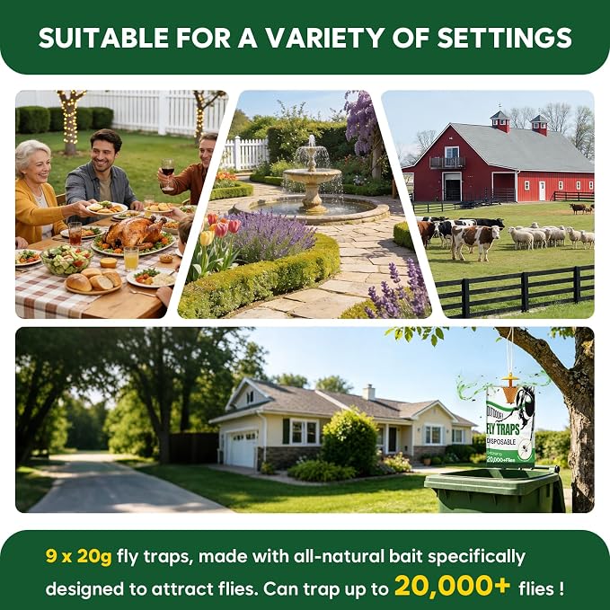 Fly Traps Outdoor Hanging -9Pack Portable Fly Catcher Outdoor Flying Insect Trap for Garden/Ranch/Barn/Patio