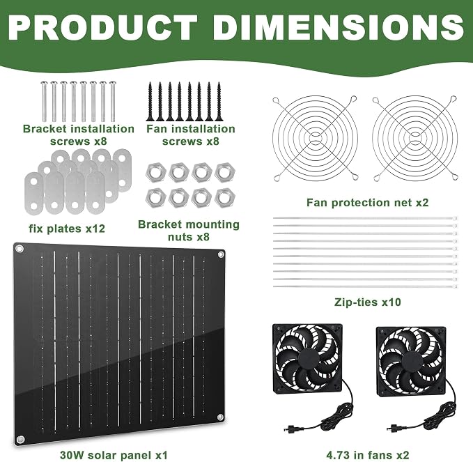 Solar Powered Fan, 30W Solar Fan with Two IPX7 Waterproof Fans for Outside Greenhouse Shed Chicken Coop, Exhaust Intake Mounting Way and Solar Panel Fan Kit