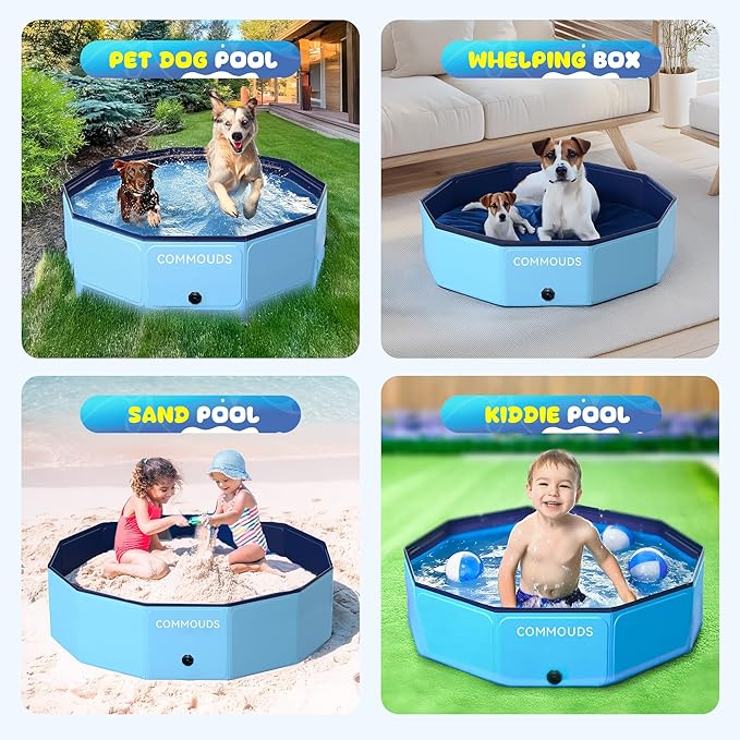 COMMOUDS Foldable Dog Pool, Collapsible Hard Plastic Dog Kiddie Swimming Pool, Portable Pet Bath Tub Wading Pools for Kids and Puppy Small Medium Large Dogs (48inch.D x 12inch.H)