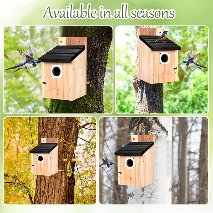 4-Pack Black Wooden Bird Houses for Outdoors with Predator Guard, Bluebird Houses for Outside – Ideal for Bluebirds & Other Backyard Birds, Black