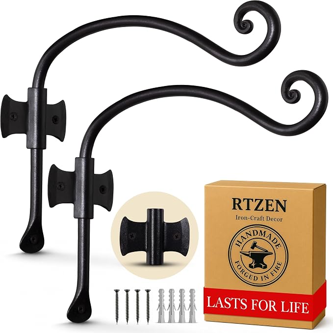 RTZEN Plant Hangers Outdoor or Indoor - Wrought Iron Metal Hanger Indoor Hook - Heavy Duty Wall Bracket Hooks for Hanging Plants Baskets Lanterns Bird Feeders - 2 Pack (Black Axe-Shape Hooks 12")