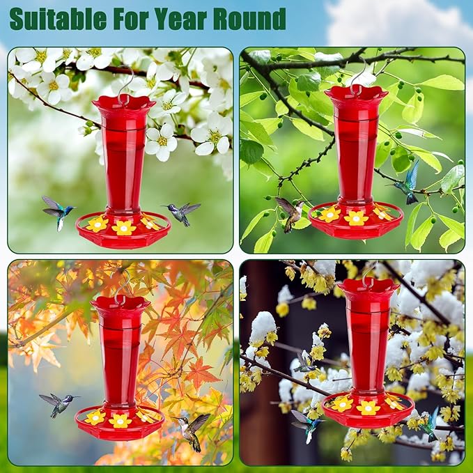 Gbekery 10 OZ Glass Hummingbird Feeders for Outdoors Hanging - Red 2 Pack, Ant & Bee Proof and 6 Feeding Ports, Garden Yard Dรฉcor Gifts for Mom