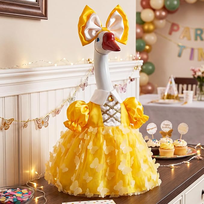 Porch Goose Statue with Yellow Princess Outfits- 19.5" Garden Resin Goose Decorative Figurine Cute Sculpture for Outdoor Patio Lawn Yard Balcony Decor Housewarming Birthday Gift for Women Mom