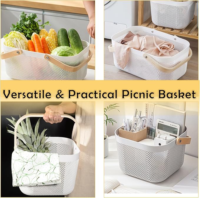 Nexboraque 2 Pack Plastic Mesh Garden Harvest Basket, Plastic Picnic Baskets with Foldable Wooden Handle, Rectangle Fruit Vegetable Storage Organizer Bins for Gathering, Kitchen, Pantry, White