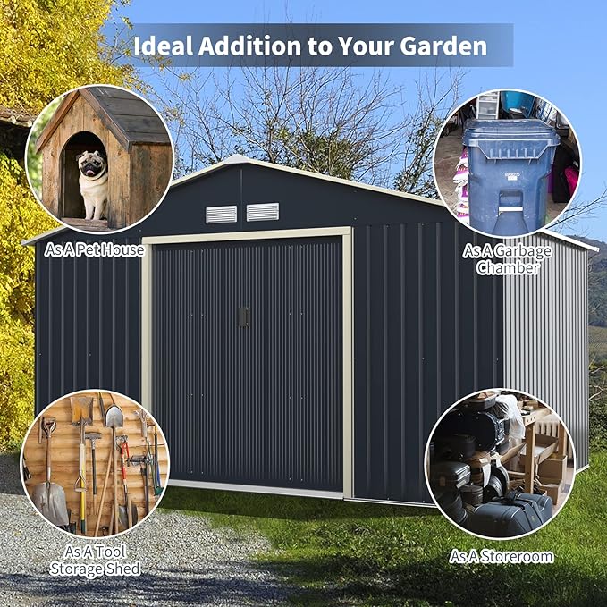 Goplus Outdoor Storage Shed, 11' X 8' Metal Garden Shed with 4 Vents & Double Sliding Door, Utility Tool Shed Storage House for Backyard, Patio, Lawn