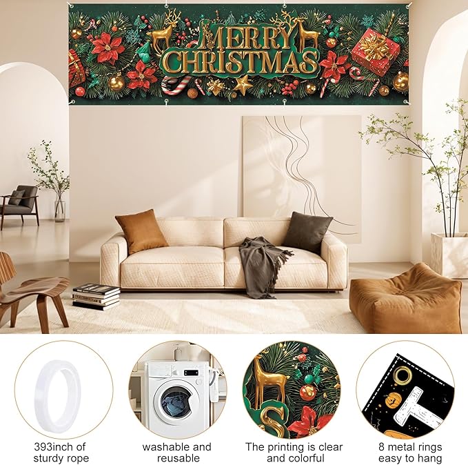 10x3 ft Extra Large Merry Christmas Banner Outdoor 115''x35'' Merry Christmas Decorations Xmas Tree Snowman Banners Yard for Fence Outside banner for Garden Party