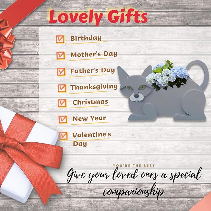 British Short Cat Planter, Cute Animal Shaped Plant Pot, Cat Flower Pot, Gifts for Women & Pet Lovers, Indoor Outdoor Garden Home Office Decor, 12.5 x 5.12 x 7.8Inches