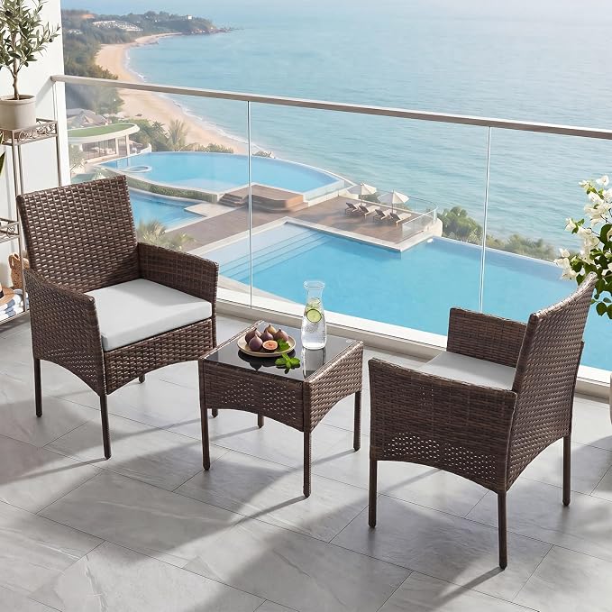 Sweetcrispy 3 Piece Patio Furniture Set, All-Weather Outdoor Wicker Bistro Set with Removable Cushions & Tempered Glass Table, Small Conversation Seating for Porch, Balcony, Deck, Backyard, Brown