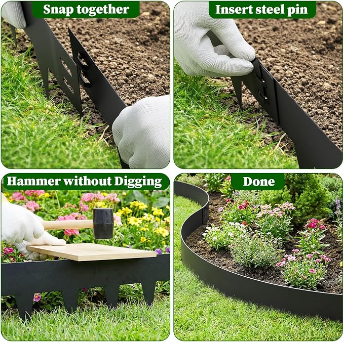 Steel Landscape Edging 6 Pack 8" H x 40" L, Heavy Duty Flexible Galvanized Metal Garden Border Strips, No Dig Lawn Edge with 6 Anchoring Pins, for Flower Bed, Yard, Pathway Divider(20 FT Total)