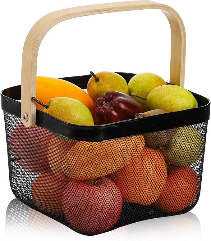 ZEAYEA Mesh Steel Fruit Basket Bin with Handle, Multi-functional Hanging Storage Organizer Garden Harvest Basket, Metal Wire Kitchen Basket for Cabinet, Pantry, Bathroom, Picnic, Home Decor, Black