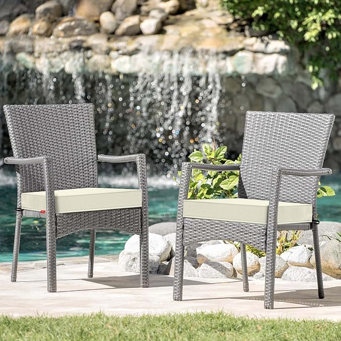 Patio Chair Cushions 22x22 Inch, Water Repellent Outdoor Seat Cushions with Adjustable Straps, Fade Resistant Replacement Cushions for Garden Deck Sofa Couch, Set of 2, Beige