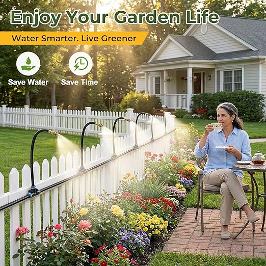 100FT Drip Irrigation Kit for Garden, 360° Adjustable Watering System with 1/4" Tubing, Brass Adjustable Misting Nozzles, DIY Irrigation System for Plants, Lawn, Greenhouse