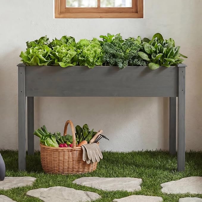 DUMOS Raised Garden Bed with Legs, 48x24x30 Inch Planter Box Outdoor with Liner for Herbs Flowers Vegetables, Elevated Wooden Garden Bed for Patio, Balcony and Backyard, Grey