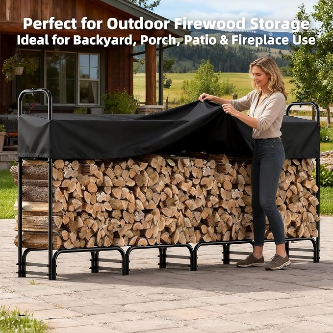 8FT Firewood Rack with Cover Outdoor, Heavy Duty Wood Storage Rack with 600D Oxford Waterproof Adjustable Cover for Fireplace, Patio, Deck, 1/2 Cord Log Holder with Firewood Carry Bag