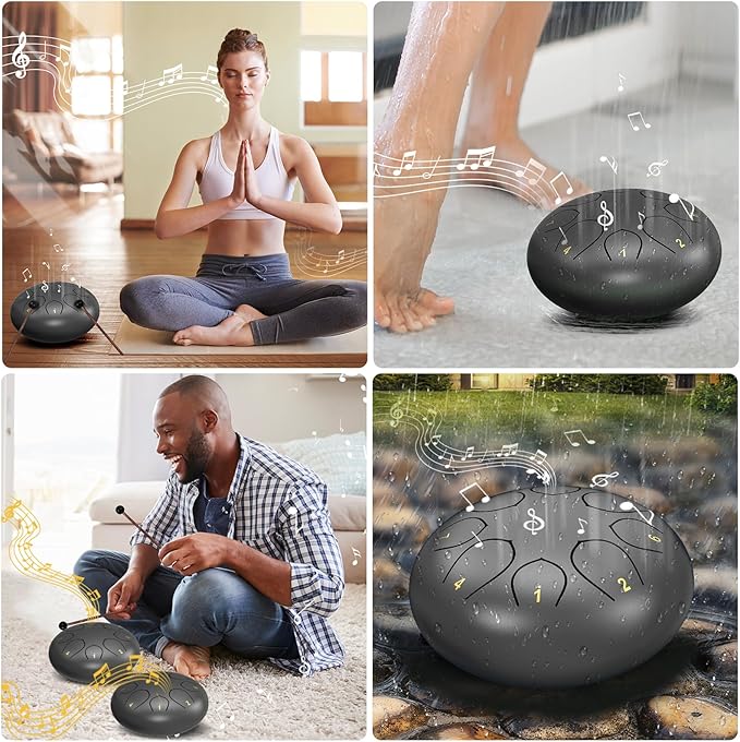 Rain Drum for Outside Garden, 6 Inches 8 Notes Steel Tongue Chakra Drums, Waterproof Echo Rain Chime Meditation Drums, Musical Instruments for Adult Gift with Bag, Music Book, Drum Mallets (Black)
