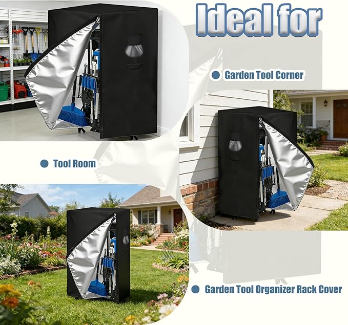 Garden Tool Organizer Rack Cover, 35.4"x31.5"x63", All-Weather Water-Resistant Cover, 420D Oxford Fabric, Easy-Access Tape Closures, Handles and Ventilation for Outdoor Storage