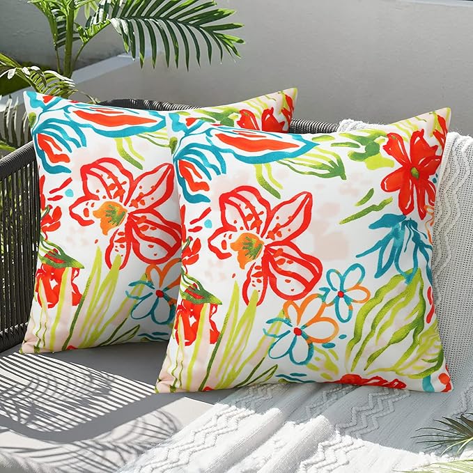 Merrycolor Outdoor Pillow Covers 20x20 Waterproof Throw Pillow Cover Flower Garden Farmhouse Outdoor Pillows Covers for Patio Furniture Set of 2