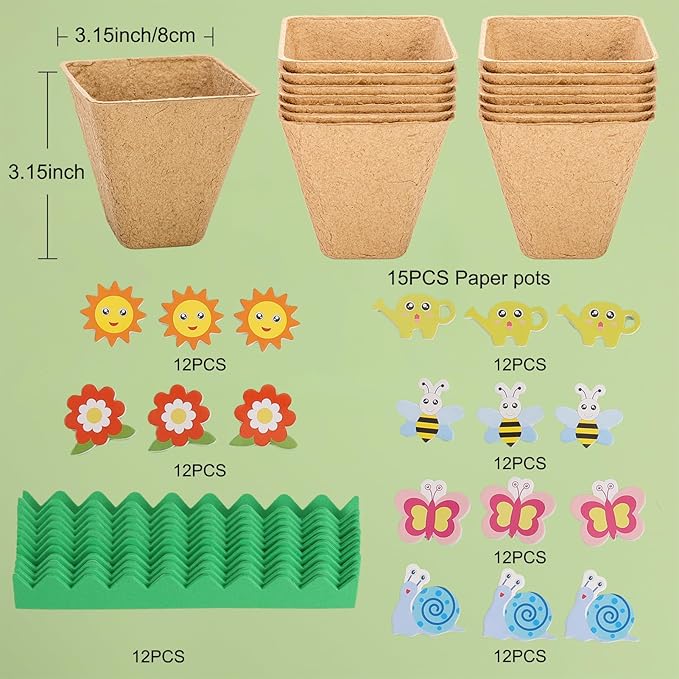 Ayfjovs Garden Paper Pot Craft Kit,15 Pack Square Paper Peat Pots with 105 PCS Adhesive Foam Stickers for Kids Science, Pre-School Craft, DIY Garden Kit, Classroom Decoration, Mother's Day